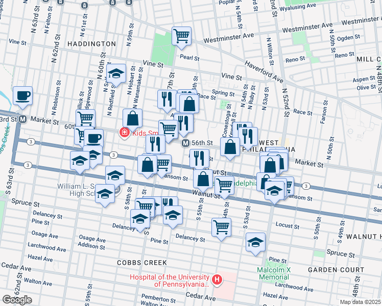 map of restaurants, bars, coffee shops, grocery stores, and more near 5559 Ludlow St in Philadelphia