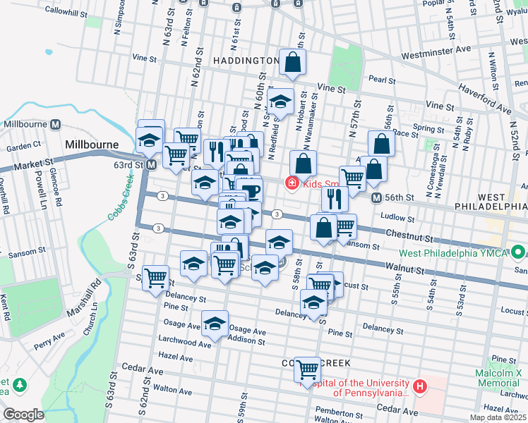 map of restaurants, bars, coffee shops, grocery stores, and more near 114 South Redfield Street in Philadelphia