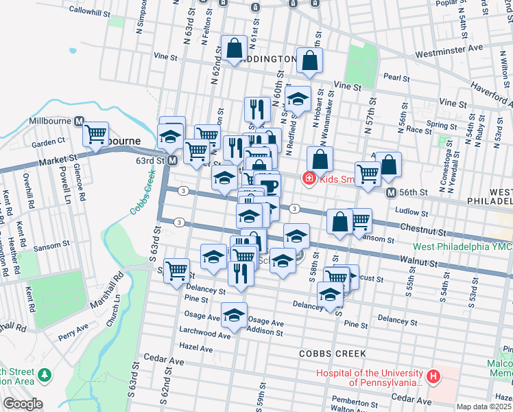 map of restaurants, bars, coffee shops, grocery stores, and more near 102 South 60th Street in Philadelphia
