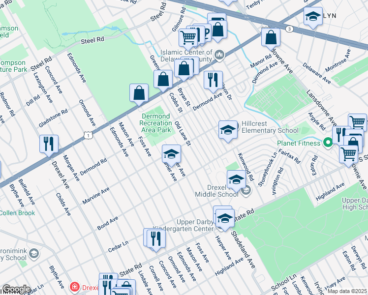 map of restaurants, bars, coffee shops, grocery stores, and more near 1025 Shadeland Avenue in Drexel Hill