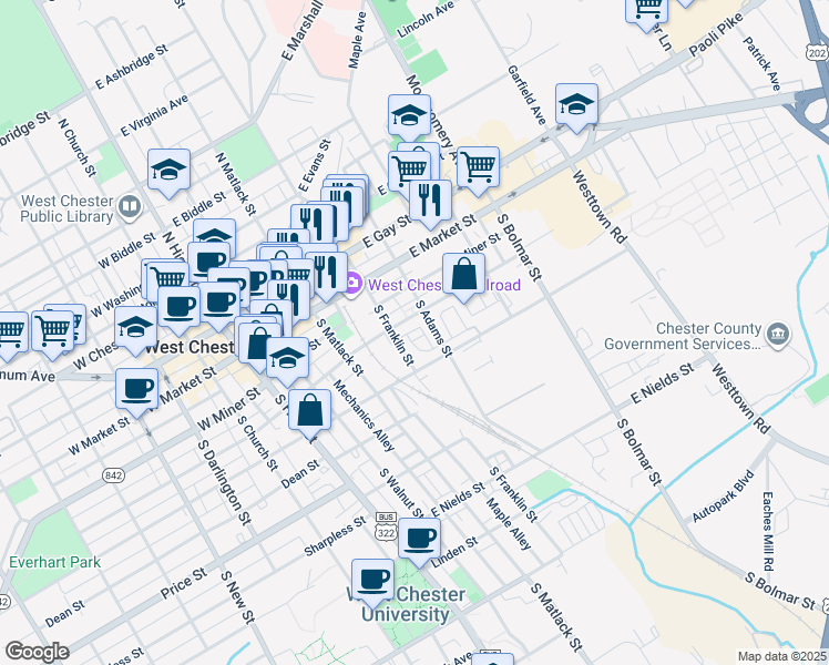 map of restaurants, bars, coffee shops, grocery stores, and more near 218 Dana Drive in West Chester