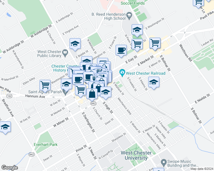 map of restaurants, bars, coffee shops, grocery stores, and more near 40 South Walnut Street in West Chester