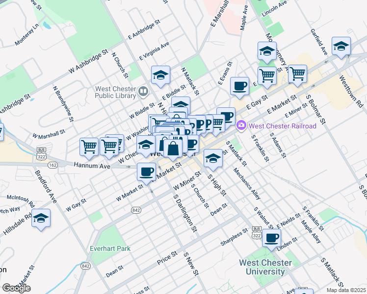map of restaurants, bars, coffee shops, grocery stores, and more near in West Chester