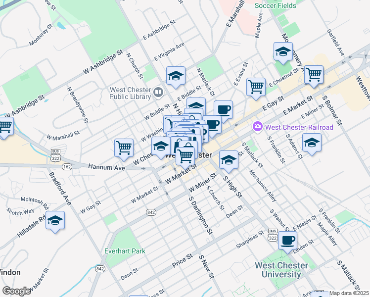 map of restaurants, bars, coffee shops, grocery stores, and more near 18 North High Street in West Chester