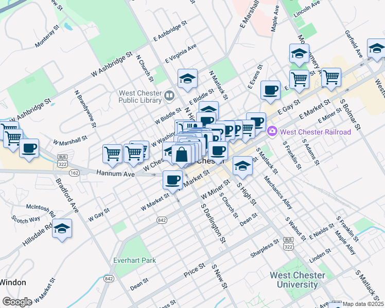 map of restaurants, bars, coffee shops, grocery stores, and more near 134 North Church Street in West Chester
