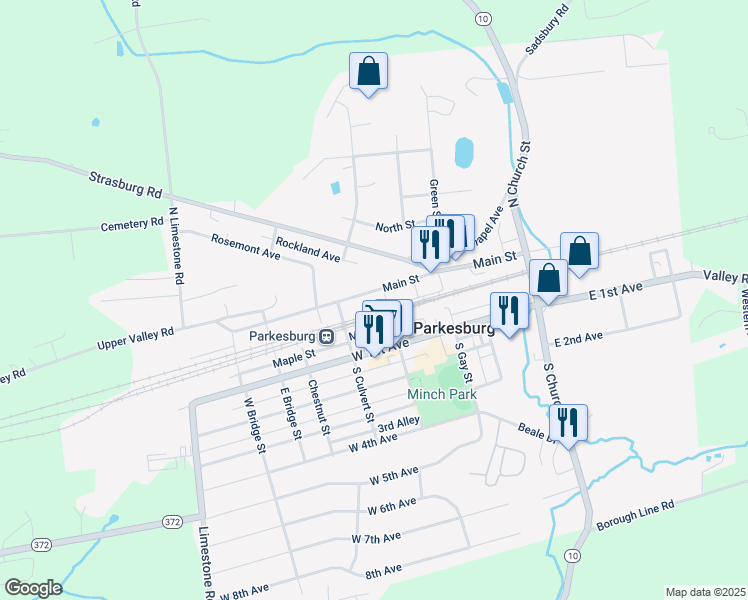 map of restaurants, bars, coffee shops, grocery stores, and more near 424 Main Street in Parkesburg