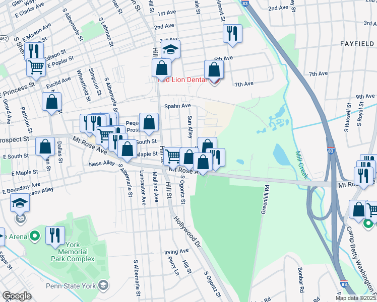 map of restaurants, bars, coffee shops, grocery stores, and more near 584 South Yale Street in York