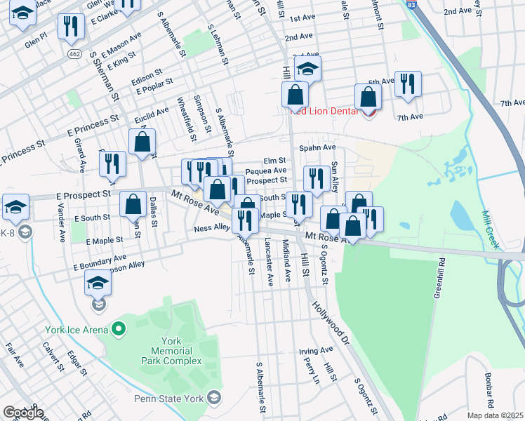 map of restaurants, bars, coffee shops, grocery stores, and more near 565 Lancaster Avenue in York
