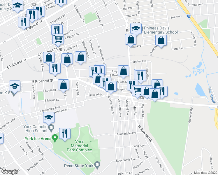 map of restaurants, bars, coffee shops, grocery stores, and more near 1103 Mount Rose Avenue in York