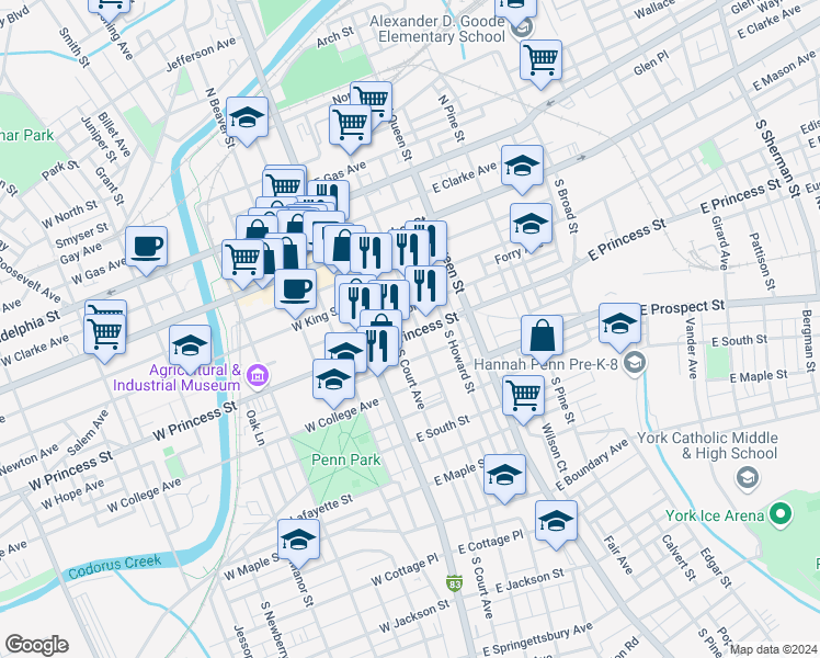 map of restaurants, bars, coffee shops, grocery stores, and more near 40 East Princess Street in York