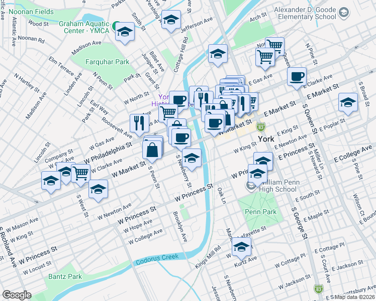 map of restaurants, bars, coffee shops, grocery stores, and more near 280 West Market Street in York