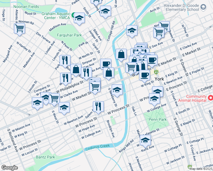 map of restaurants, bars, coffee shops, grocery stores, and more near 324 Pennsylvania 462 in York