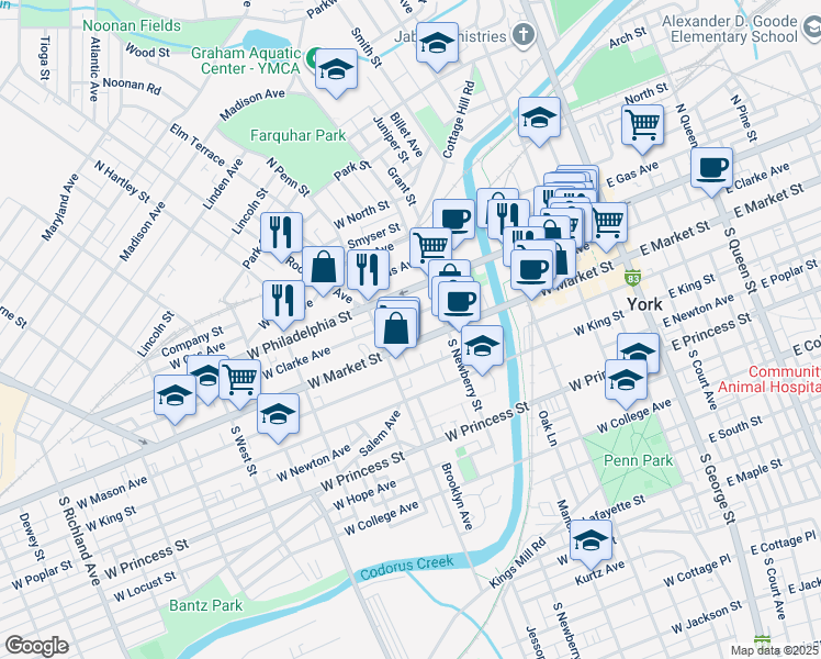 map of restaurants, bars, coffee shops, grocery stores, and more near 324 Pennsylvania 462 in York