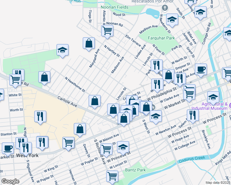 map of restaurants, bars, coffee shops, grocery stores, and more near 662 Linden Avenue in York