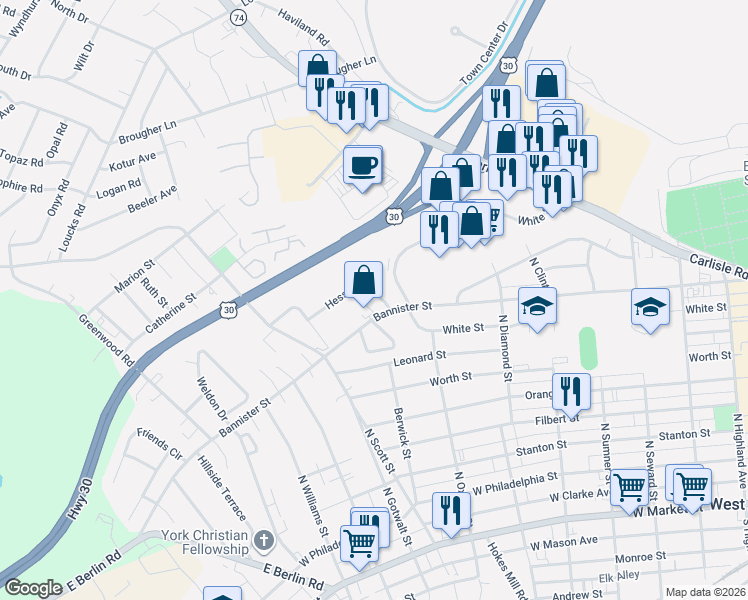 map of restaurants, bars, coffee shops, grocery stores, and more near 2036 Bannister Street in York
