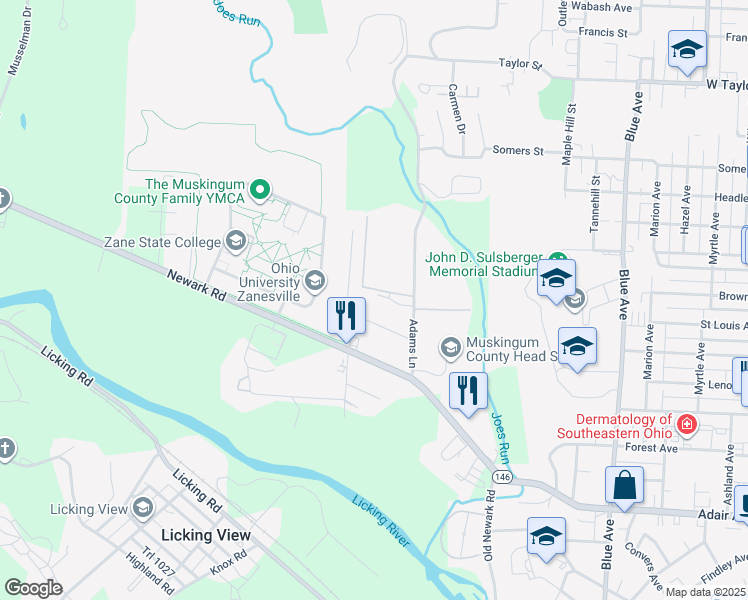 map of restaurants, bars, coffee shops, grocery stores, and more near 1609 Doaks Lane in Zanesville
