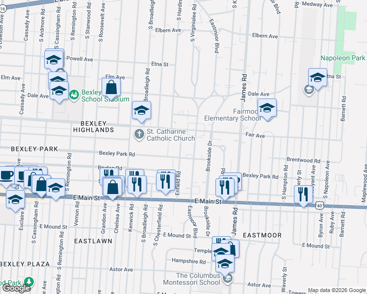 map of restaurants, bars, coffee shops, grocery stores, and more near 525 Enfield Road in Columbus