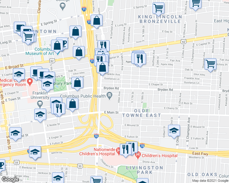 map of restaurants, bars, coffee shops, grocery stores, and more near 721-729 Bryden Alley in Columbus