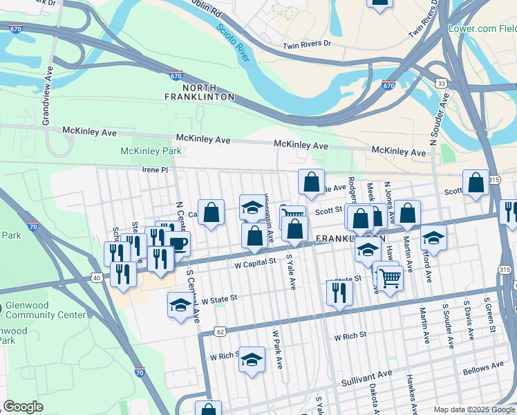 map of restaurants, bars, coffee shops, grocery stores, and more near 70 Chicago Avenue in Columbus