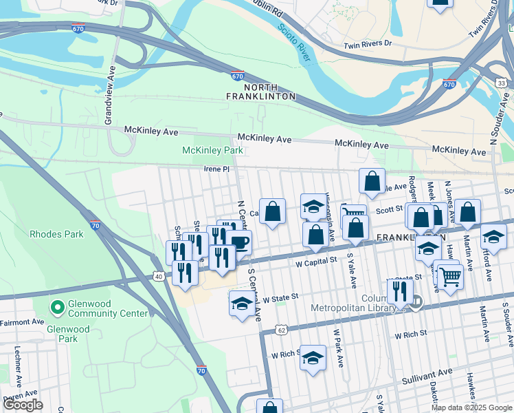 map of restaurants, bars, coffee shops, grocery stores, and more near 98 Hayden Avenue in Columbus