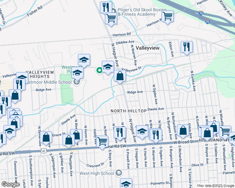 map of restaurants, bars, coffee shops, grocery stores, and more near 2795 Ridge Avenue in Columbus