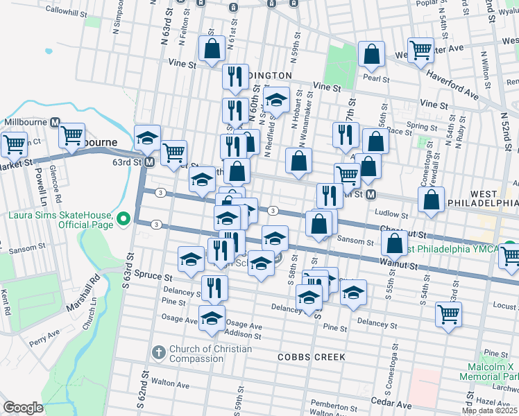 map of restaurants, bars, coffee shops, grocery stores, and more near 5917 Chestnut Street in Philadelphia