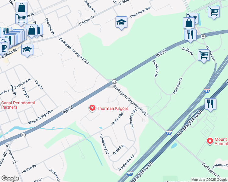 map of restaurants, bars, coffee shops, grocery stores, and more near 1 Florence Lane in Mount Laurel Township