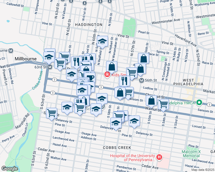 map of restaurants, bars, coffee shops, grocery stores, and more near 5829 Chestnut Street in Philadelphia