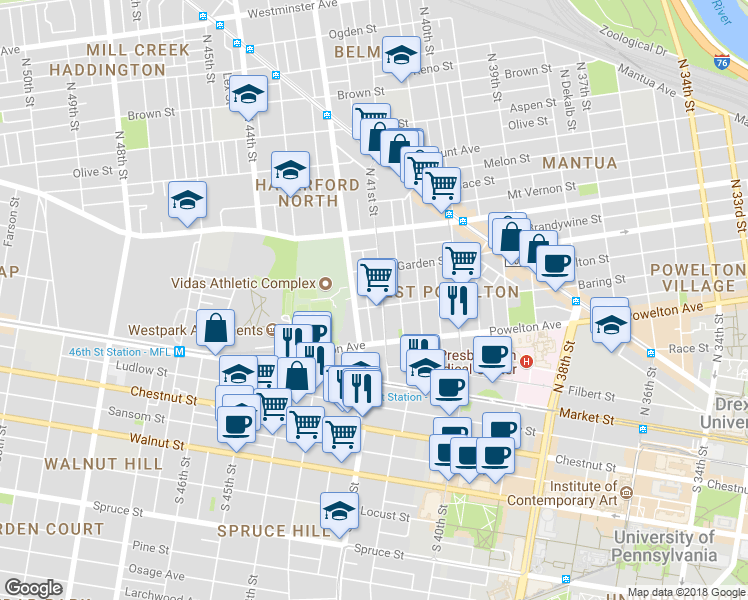 map of restaurants, bars, coffee shops, grocery stores, and more near 404 North 41st Street in Philadelphia