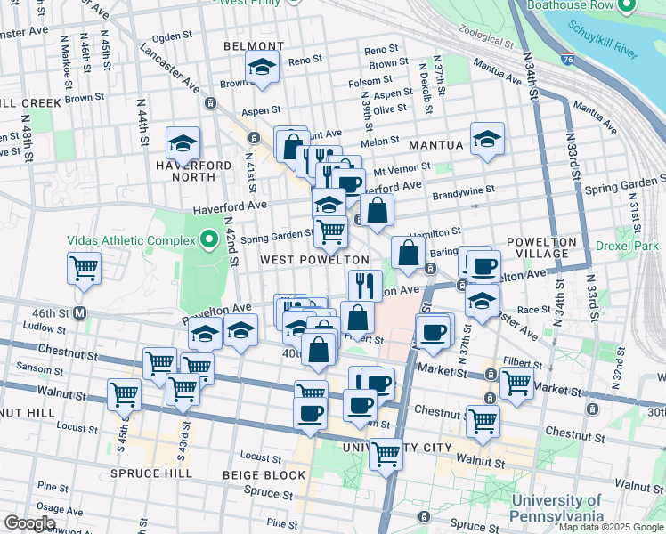 map of restaurants, bars, coffee shops, grocery stores, and more near 3950 Baring Street in Philadelphia