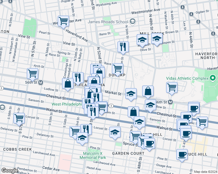 map of restaurants, bars, coffee shops, grocery stores, and more near 20 North 51st Street in Philadelphia