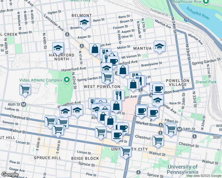 map of restaurants, bars, coffee shops, grocery stores, and more near 3950 Baring Street in Philadelphia