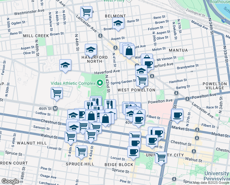 map of restaurants, bars, coffee shops, grocery stores, and more near 404 North 41st Street in Philadelphia