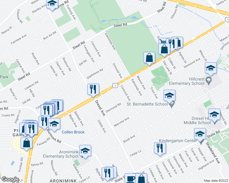 map of restaurants, bars, coffee shops, grocery stores, and more near 1240 Cornell Ave in Drexel Hill