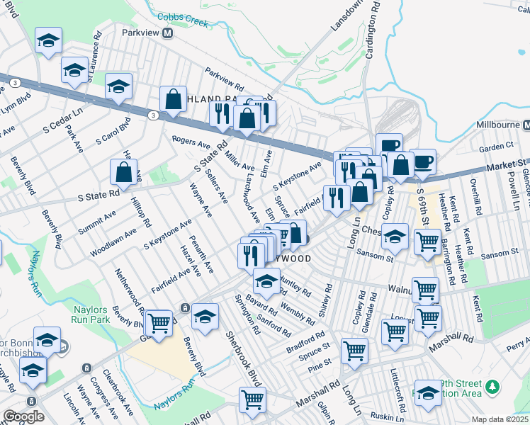map of restaurants, bars, coffee shops, grocery stores, and more near 520 Elm Avenue in Upper Darby