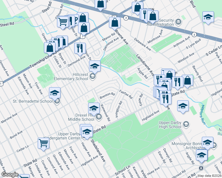 map of restaurants, bars, coffee shops, grocery stores, and more near 923 Brenton Road in Drexel Hill