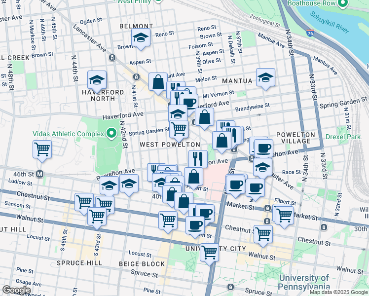 map of restaurants, bars, coffee shops, grocery stores, and more near 3944 Baring Street in Philadelphia