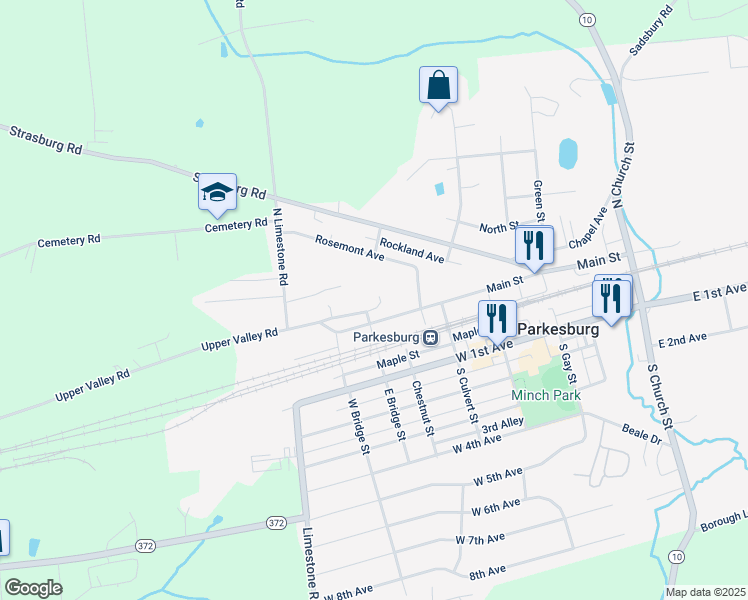map of restaurants, bars, coffee shops, grocery stores, and more near 531 Main Street in Parkesburg