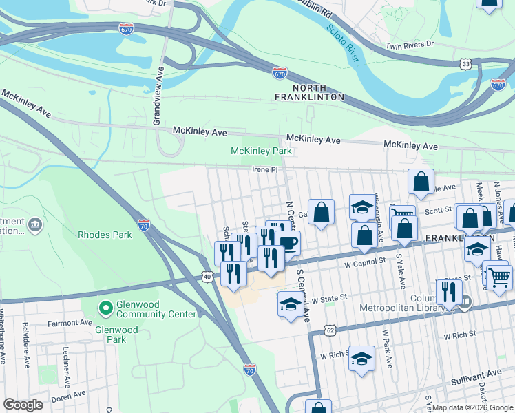 map of restaurants, bars, coffee shops, grocery stores, and more near 112 North Guilford Avenue in Columbus