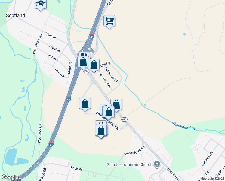 map of restaurants, bars, coffee shops, grocery stores, and more near 3492 Interchange Drive in Chambersburg