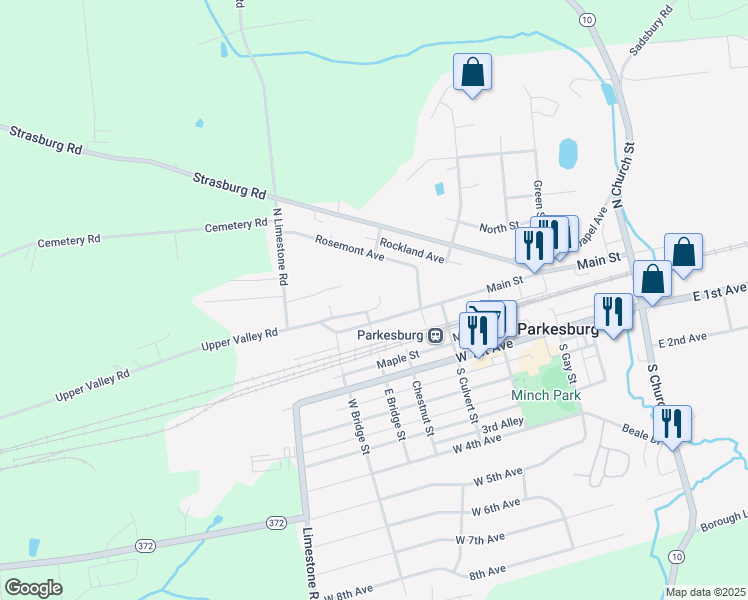 map of restaurants, bars, coffee shops, grocery stores, and more near 625 McCalls Ferry Road in Parkesburg