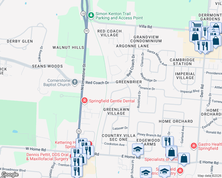 map of restaurants, bars, coffee shops, grocery stores, and more near 2825 Rensselaer Street in Springfield