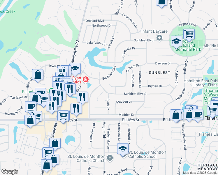 map of restaurants, bars, coffee shops, grocery stores, and more near 515 Colbarn Court in Fishers