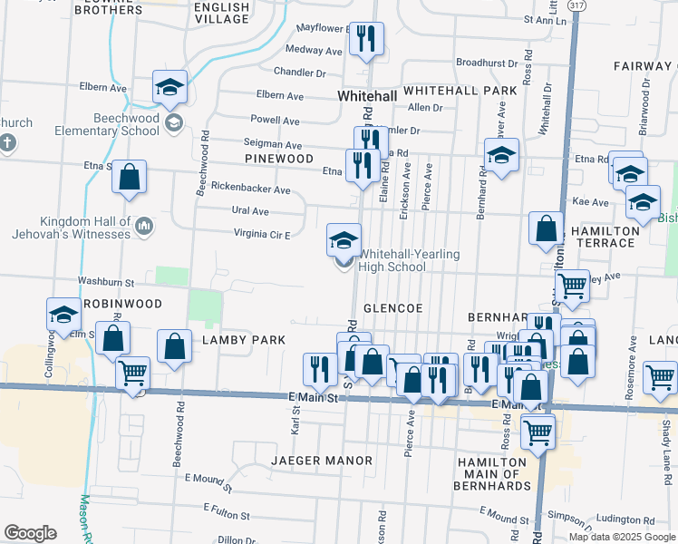 map of restaurants, bars, coffee shops, grocery stores, and more near 675 South Yearling Road in Columbus