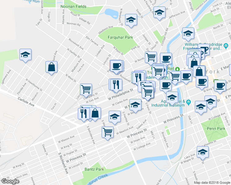map of restaurants, bars, coffee shops, grocery stores, and more near 145 North Hartley Street in York