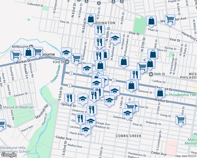 map of restaurants, bars, coffee shops, grocery stores, and more near 6006 Chestnut Street in Philadelphia