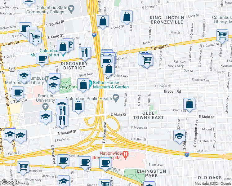 map of restaurants, bars, coffee shops, grocery stores, and more near 721 Bryden Road in Columbus
