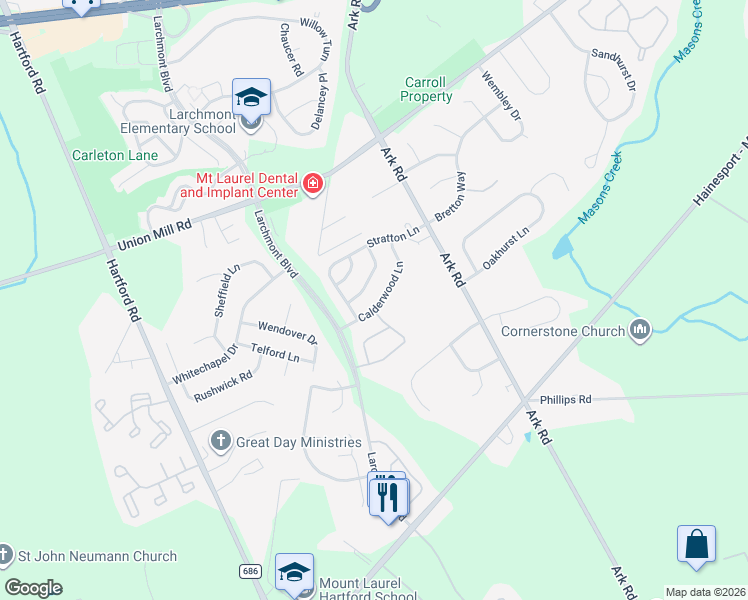 map of restaurants, bars, coffee shops, grocery stores, and more near 119 Calderwood Lane in Mount Laurel Township
