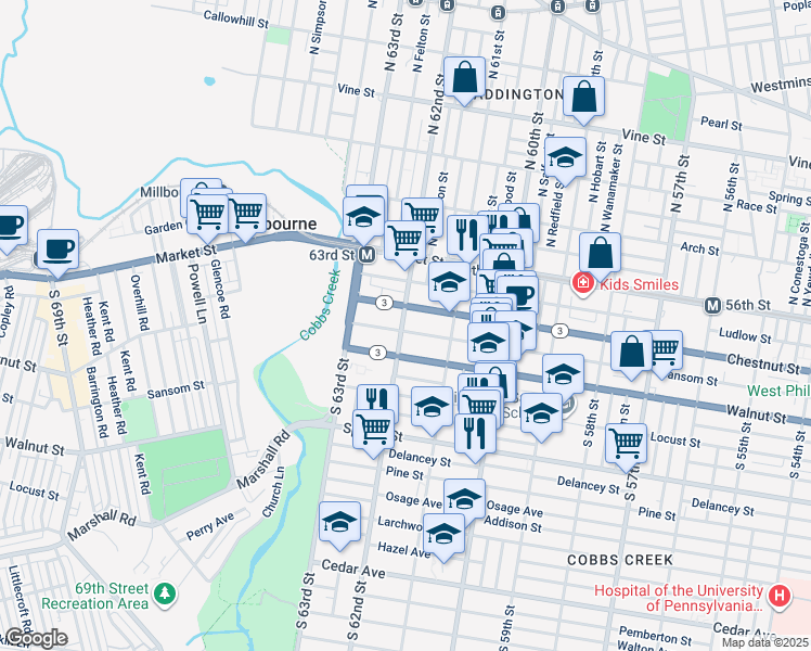 map of restaurants, bars, coffee shops, grocery stores, and more near 6161 Sansom Street in Philadelphia