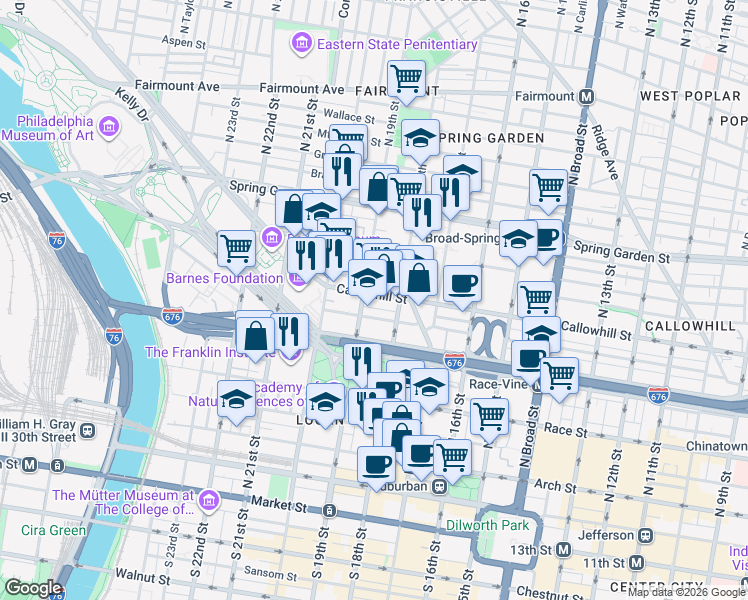 map of restaurants, bars, coffee shops, grocery stores, and more near 319 North 19th Street in Philadelphia